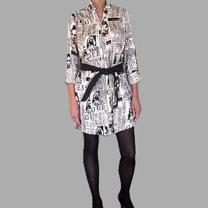 Guess Brand Size XL Shirt Dress Newspaper Print Fashion Theme Black, white, red